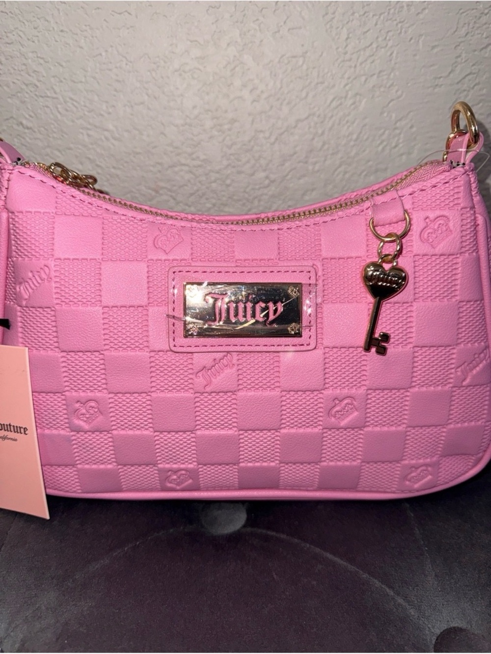 Juicy Couture Pink Quilted Checker Shoulder Bag with Key Charm - Picture 2 of 7